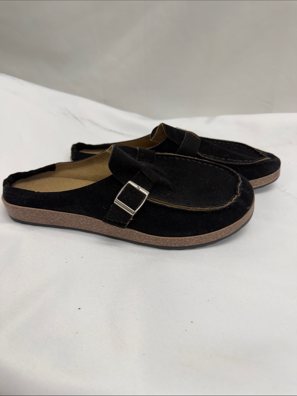 Black Suede Slip-On Mule with Buckle